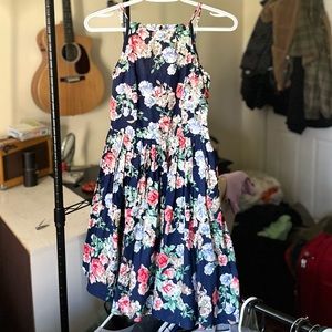 XS Navy Blue Flared Skirt Floral Sundress/Formal Homecoming Dress Y2K